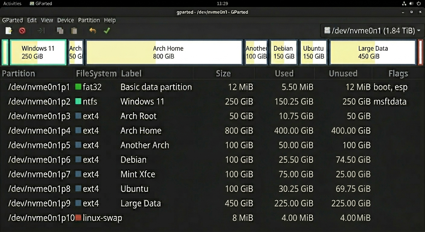 My GRUB bootloader with all five operating systems